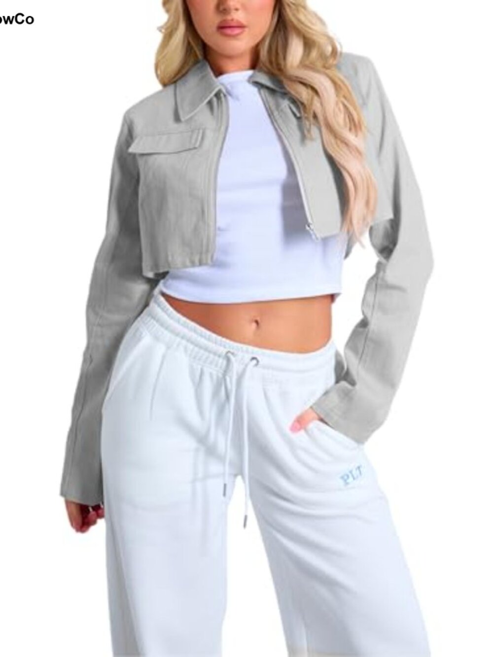 Cropped Zip Up Casual Jacket with Lapel Collar and Chest Pockets - Picture 1 of 6